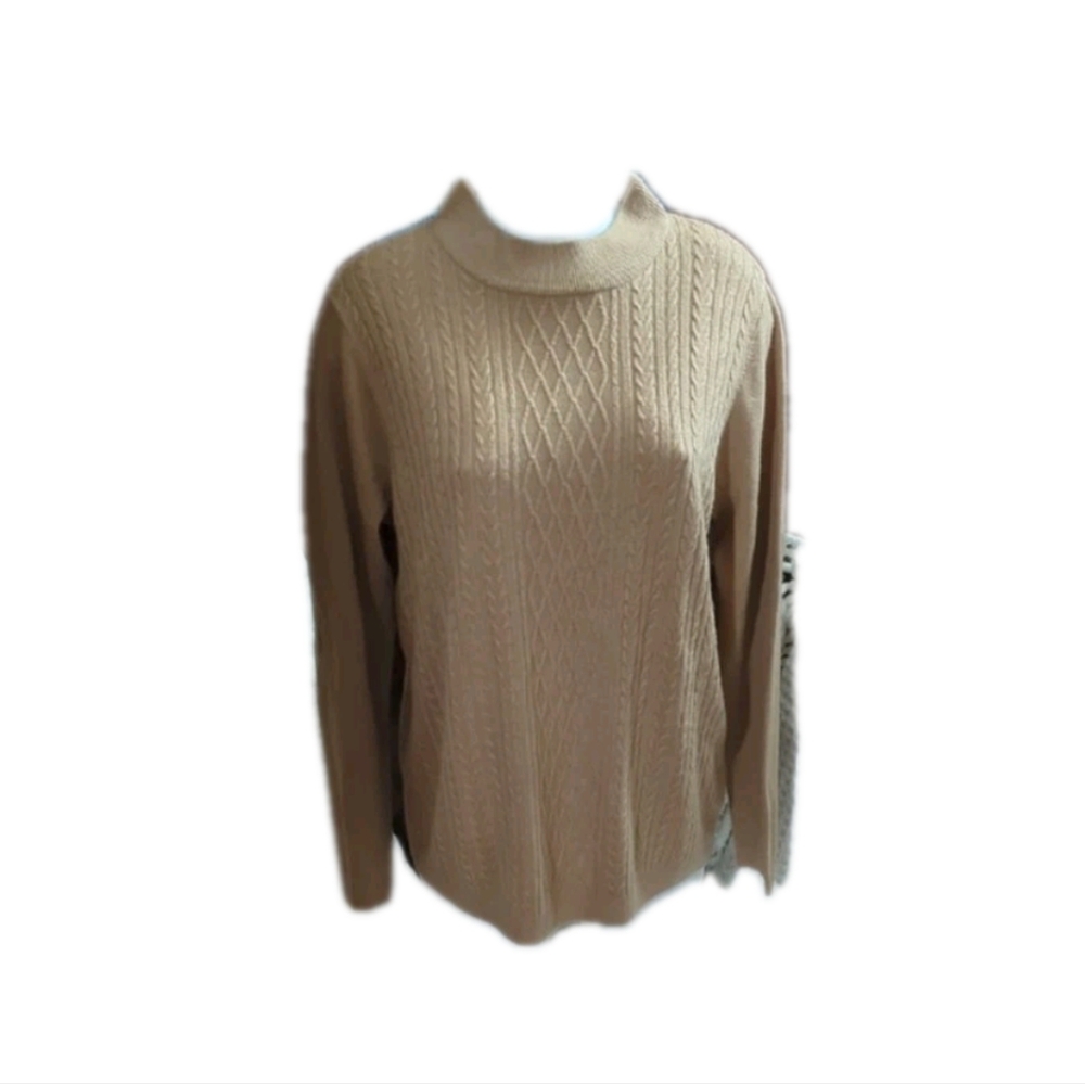 Size XL Elegant Tan Cable Knit Turtleneck Sweater